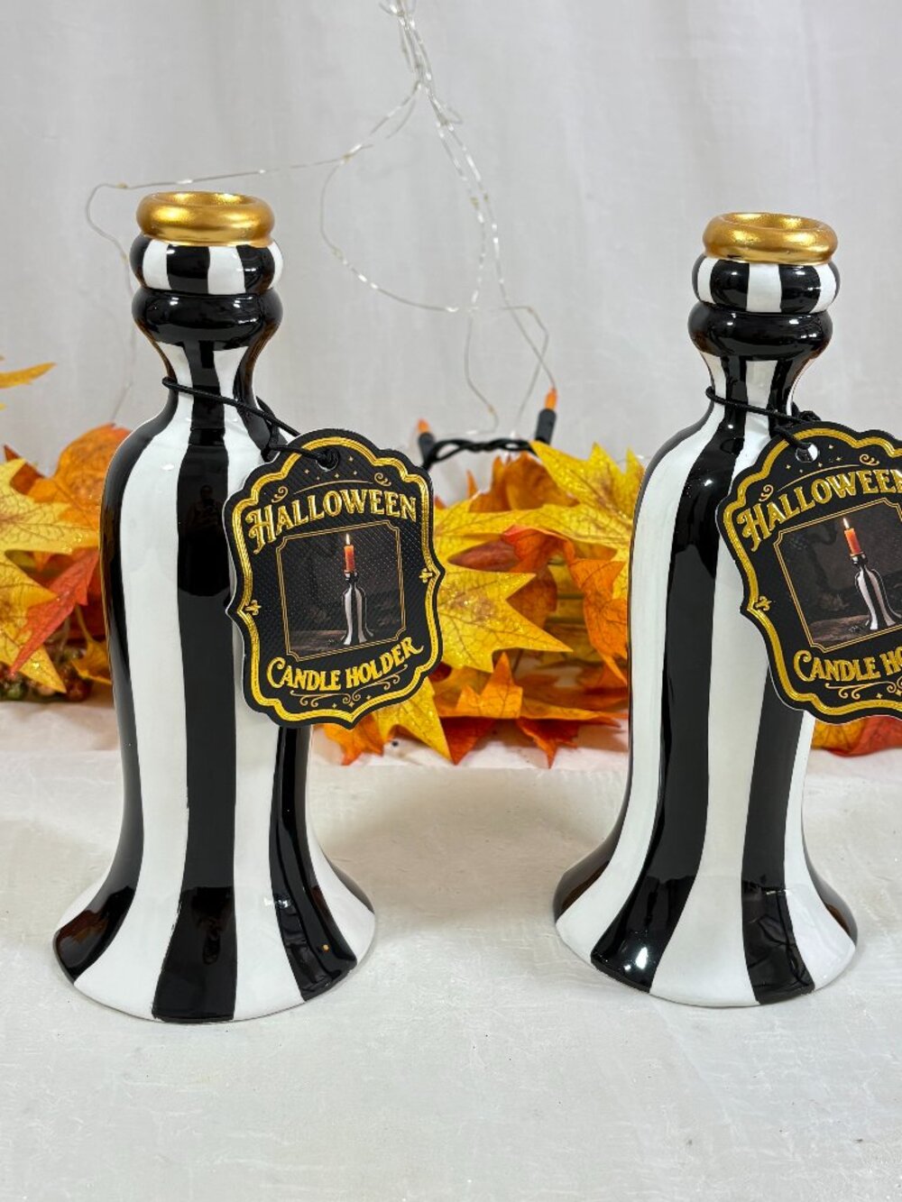Black White Stripe Ceramic Mackenzie Style Halloween Candle Holders Pair Set 2